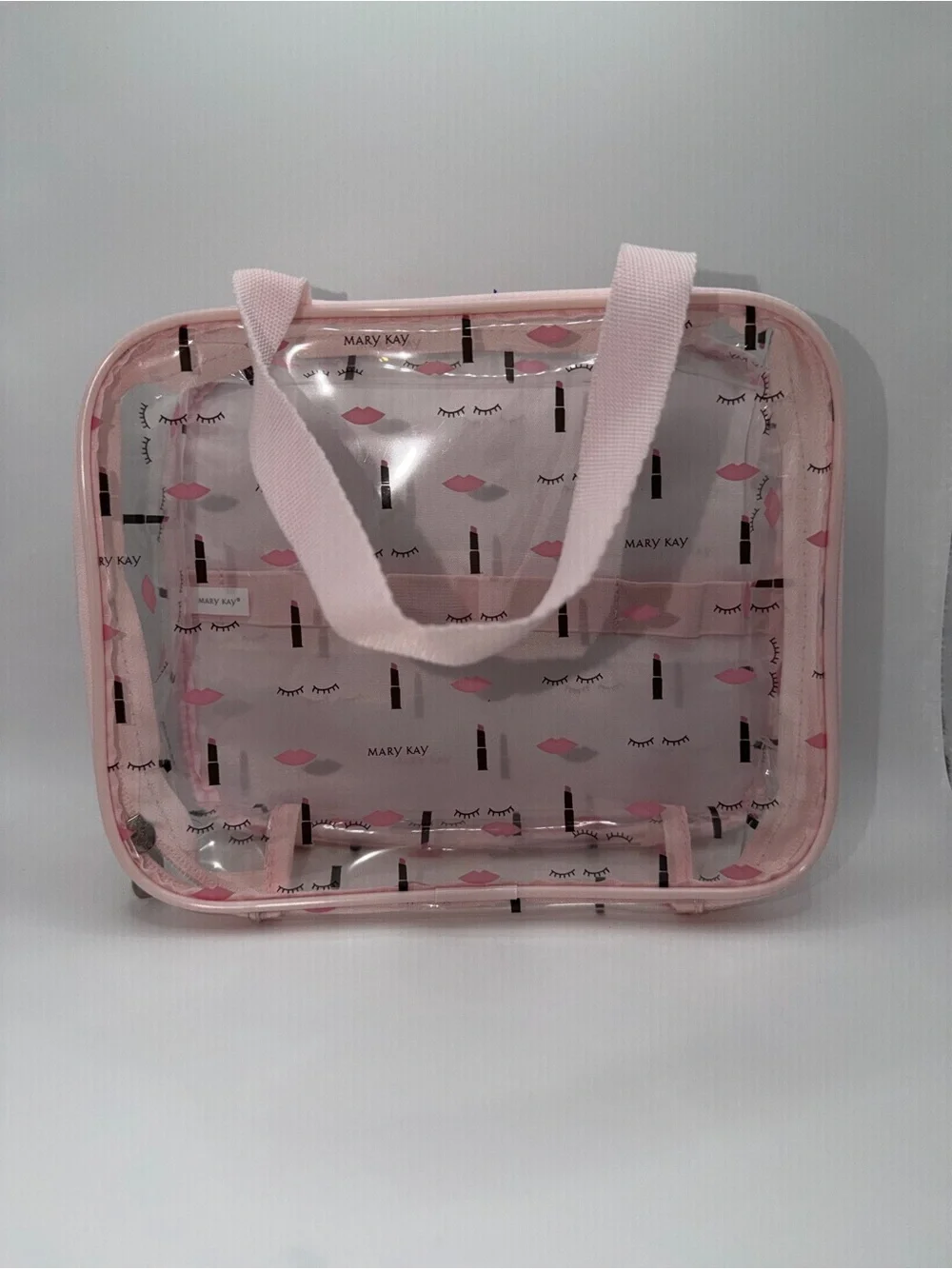 Mary Kay Clear Cosmetic Tote with Pink Trim and Lip Pattern